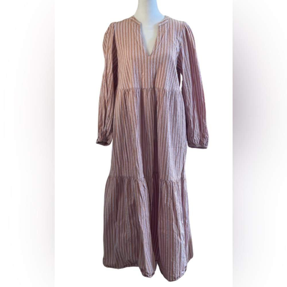 A New Day Pink & Tan Striped Long Sleeve Tiered Midi Dress